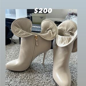 Sergio Rossi Cream Heeled Boots with Ruffled Ankle